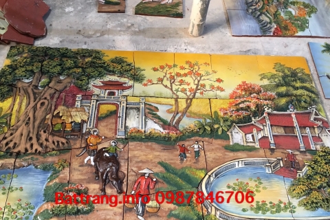 Tranh gốm ghép tường Bát Tràng vẽ cảnh làng quê Việt Nam
