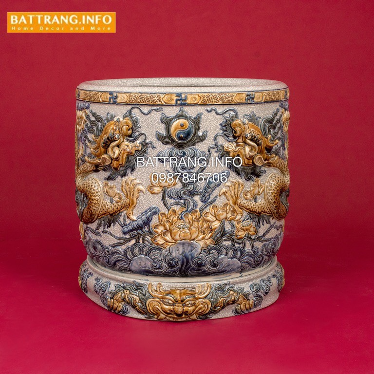 Bát hương rạn khắc rồng nổi Bát Tràng đk 35cm - Bát hương đẹp Bát Tràng